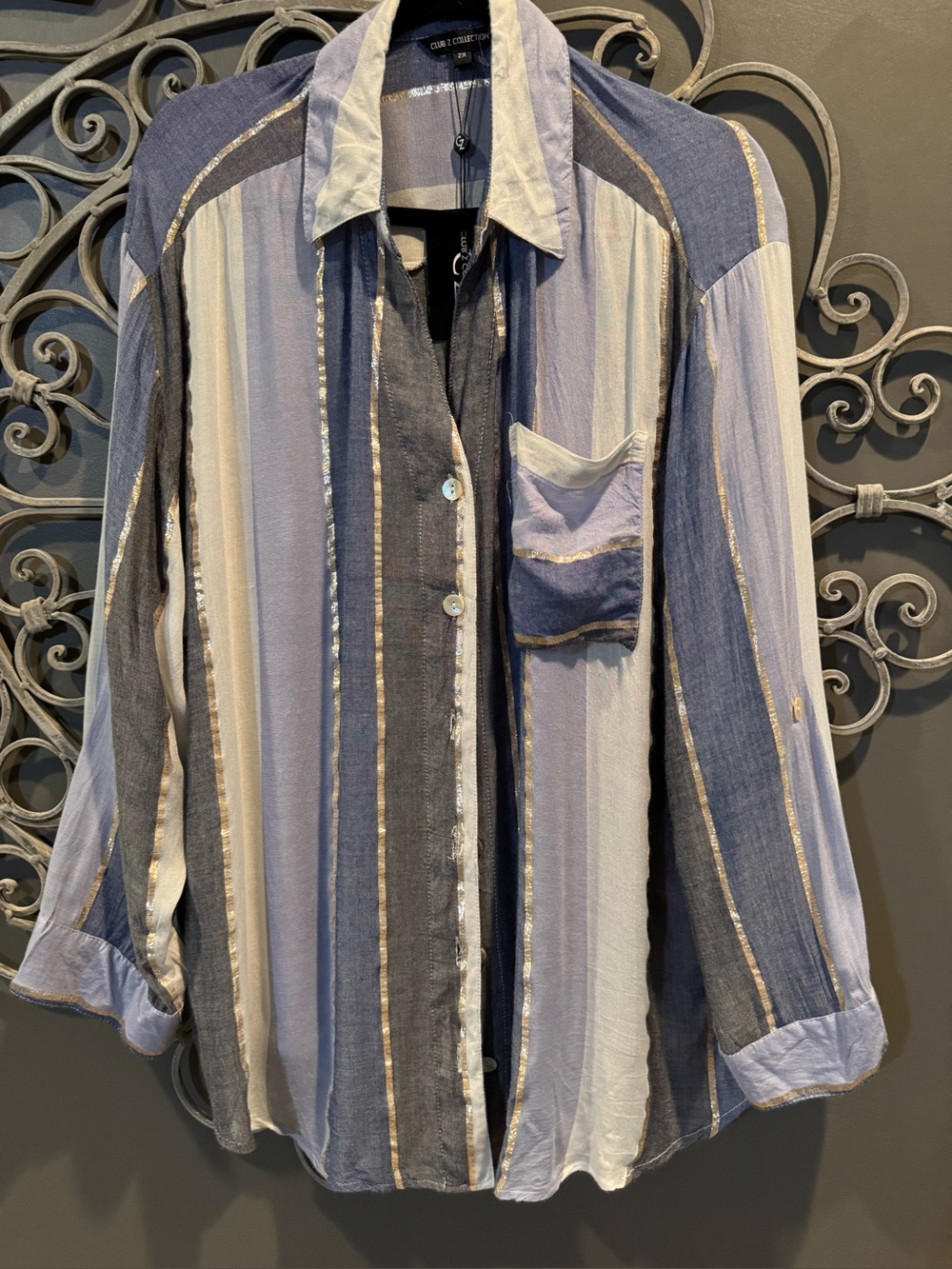 NWT Women’s plus Club Z blue Stripe metallic shimmer stripe sz 2x